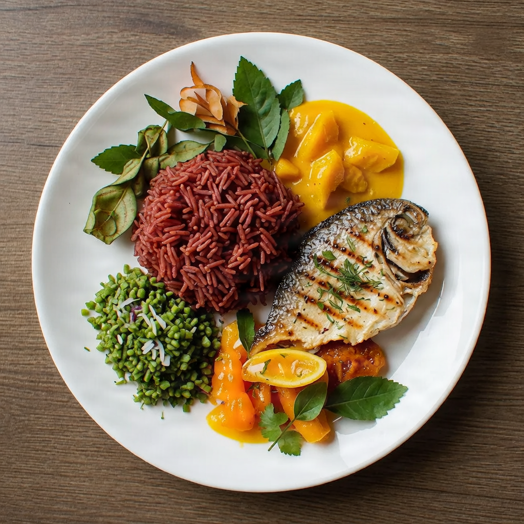 A balanced Sri Lankan meal with rice, vegetables, and lean protein on a clean white plate